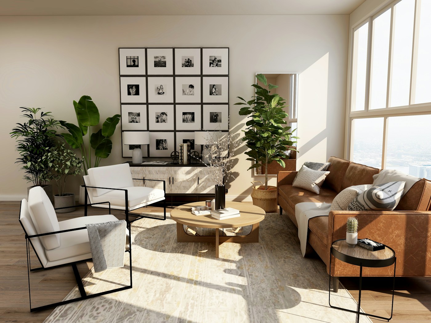 Contemporary living room with geometric wallpaper