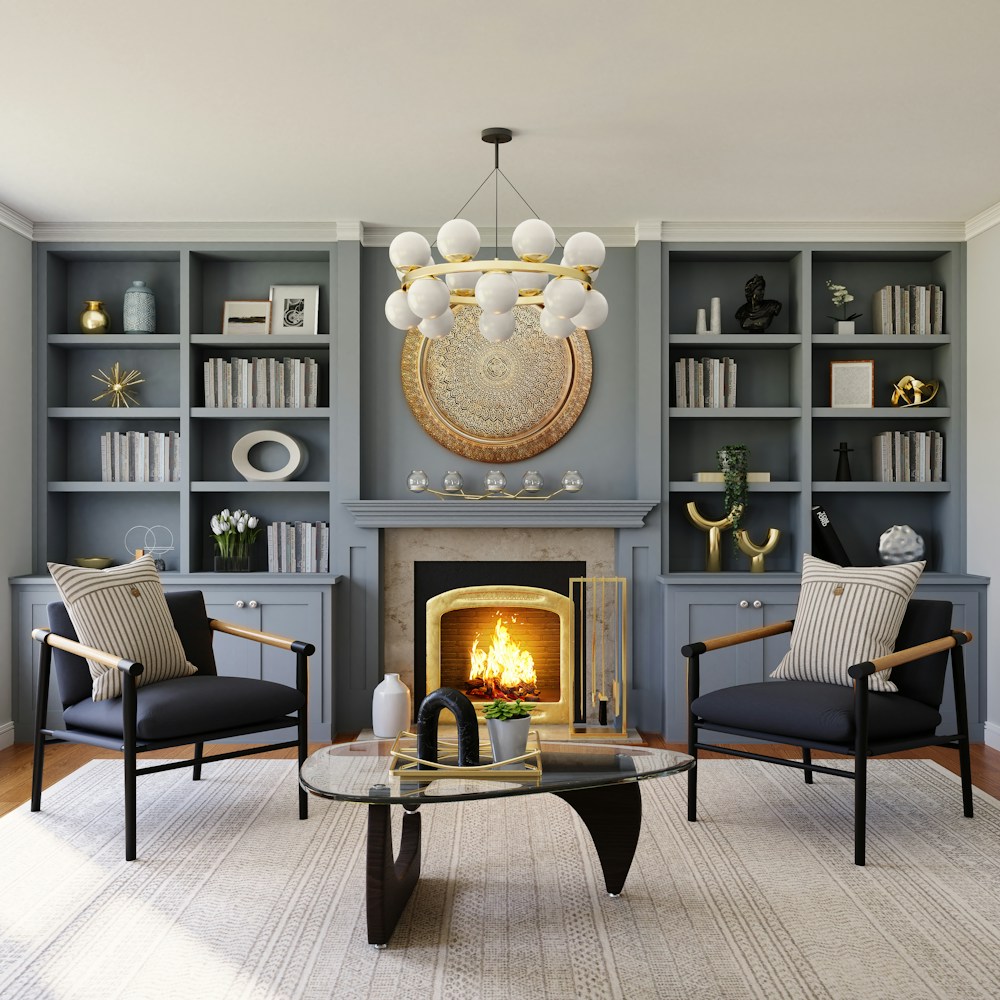 Warm interior with finished designer wallpaper